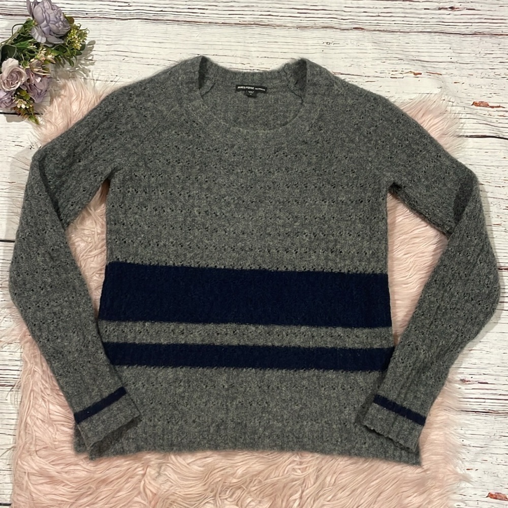 James Perse Pointelle Striped Gray Blue Wool Blend Crewneck Sweater